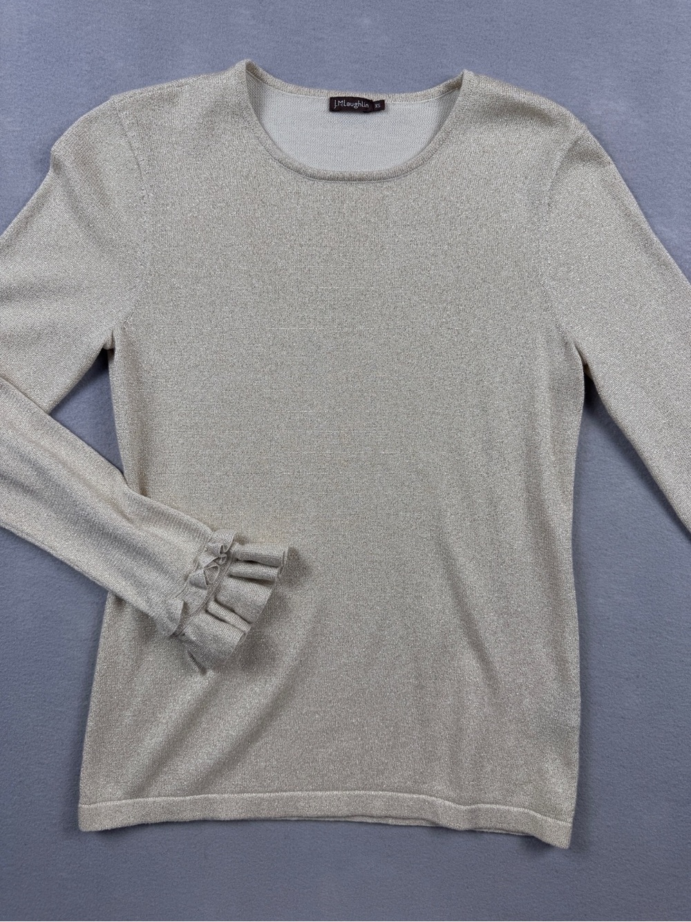 J. MCLAUGHLIN Womens XS Gold Sparkle Knit Ruffle Cuff Sweater Top Classic Luxury